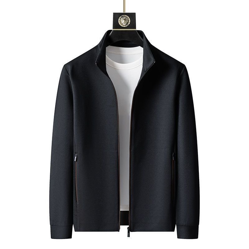 Black zip-up jacket with stand collar, displayed on hanger over shirt | Chaps London