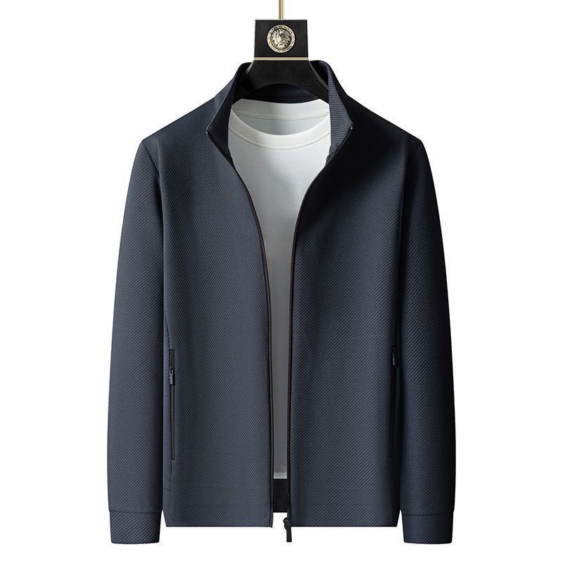 Navy blue zip-up jacket with stand collar, shown on hanger | Chaps London