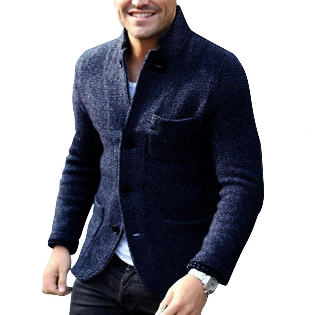 Tweed Jacket - Single Breasted - Pockets - Blazer Jacket - Men's Jacket-Fashion Men Cardigan Shawl Fall-Chaps London-Navy Blue-S-Chaps London