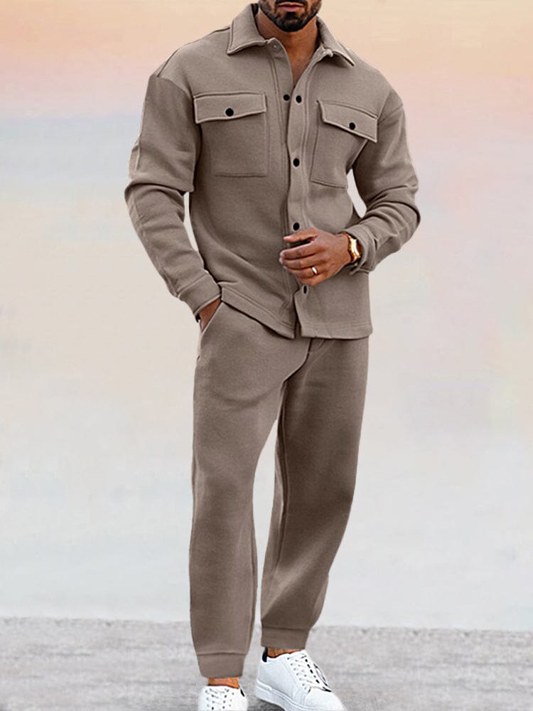 Two-Piece Set | Button-Up | Joggers | Co-Ord Set | Men's Clothing-Sets-Chaps London-Khaki-S-Chaps London