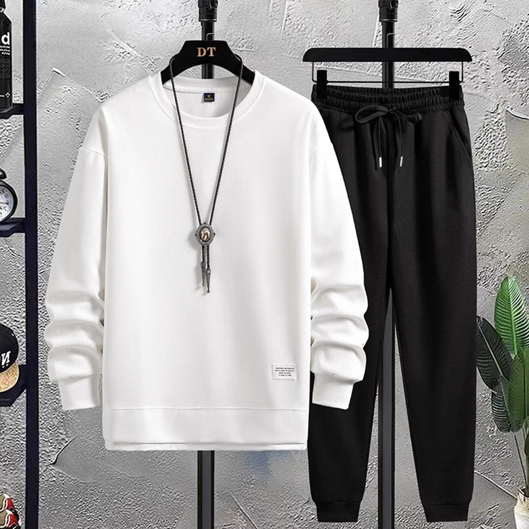 Two-Piece Set - Men's Co Ord Loose Fit Leisure Jogger Sweatshirt Set-Fashion Men Tracksuit All-year-Chaps London-White-Black-M-Chaps London