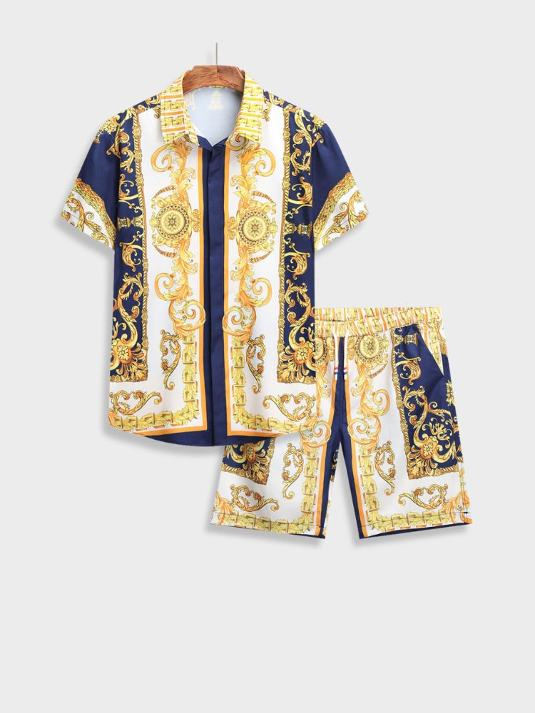 Two-Piece Set | Short Sleeve | Button-Up | Co-Ord Set | Men's Summer Clothes-Baroque Summer Set-Chaps London-Navy Blue-S-Chaps London