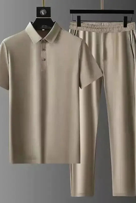 Two-Piece Set | Short Sleeve | Polo Shirt | Co-Ord Set | Men's Clothing-Chaps London-Beige-M-Chaps London