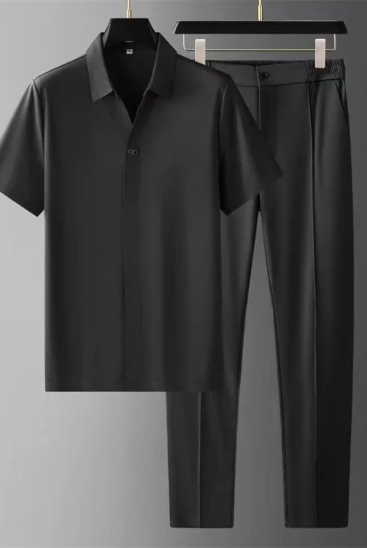 Two-Piece Set | Short Sleeve | Polo Shirt | Co-Ord Set | Men's Clothing-Chaps London-Black-M-Chaps London