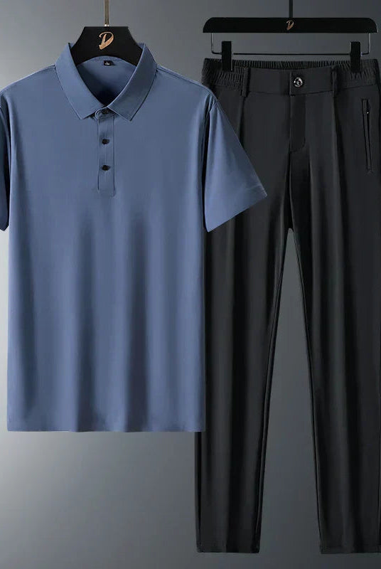 Two-Piece Set | Short Sleeve | Polo Shirt | Co-Ord Set | Men's Clothing-Chaps London-Blue-M-Chaps London