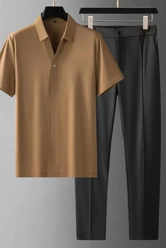 Two-Piece Set | Short Sleeve | Polo Shirt | Co-Ord Set | Men's Clothing-Chaps of London-Khaki-M-Chaps of London