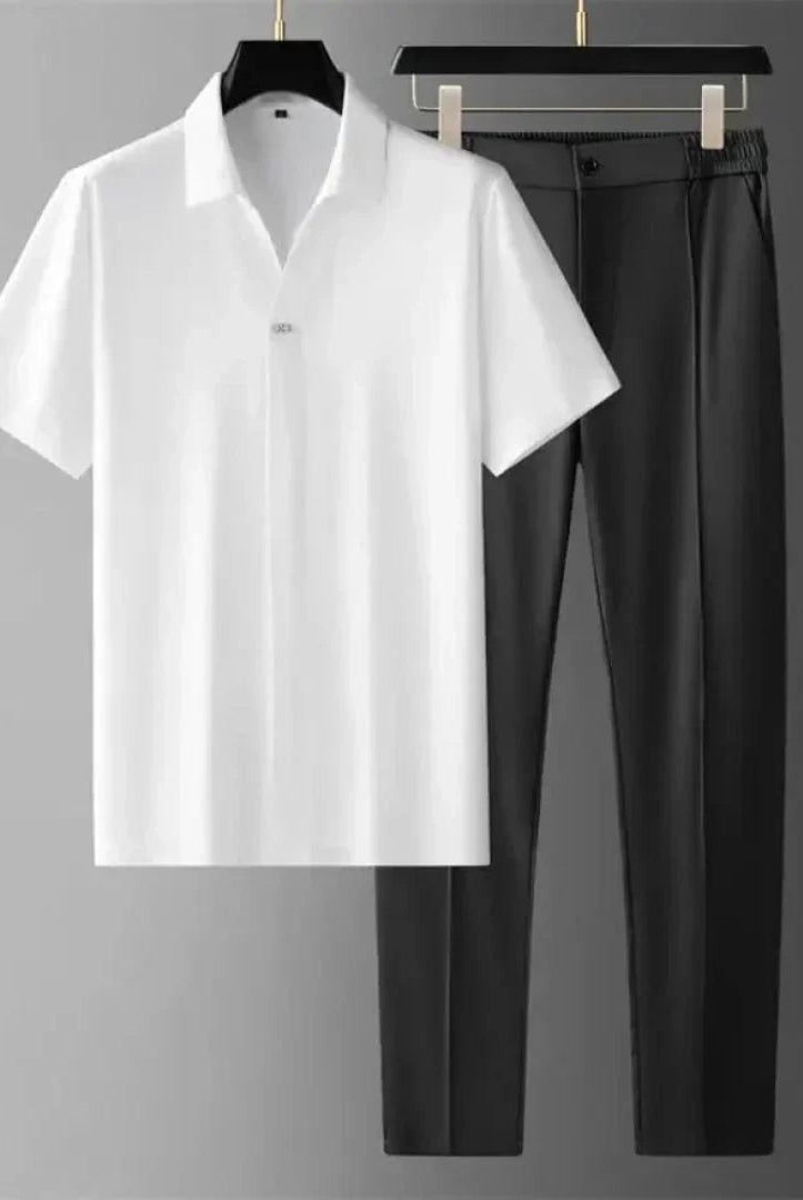 Two-Piece Set | Short Sleeve | Polo Shirt | Co-Ord Set | Men's Clothing-Chaps of London-White-M-Chaps of London