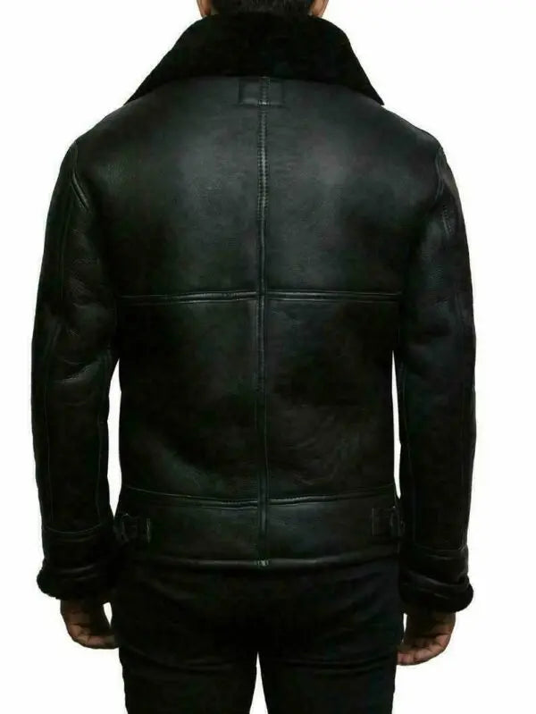 Black leather jacket with fur collar, worn by man, back view | Chaps London