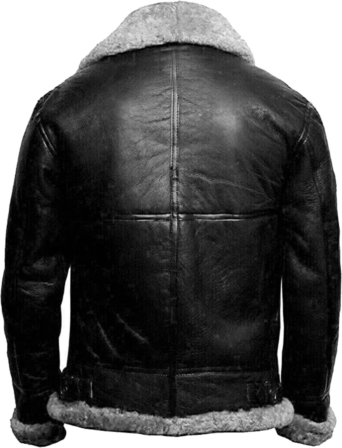 Black leather jacket with grey shearling collar, worn, back view shown | Chaps London