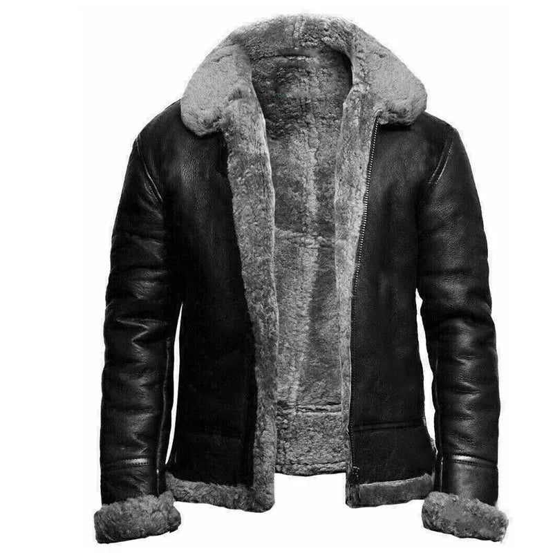 Black leather jacket with gray shearling fur lining, worn by person | Chaps London