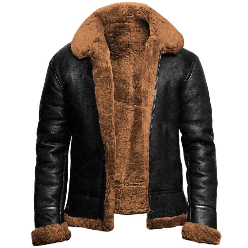 Black leather jacket with brown shearling fur lining, shown flat unzipped | Chaps London