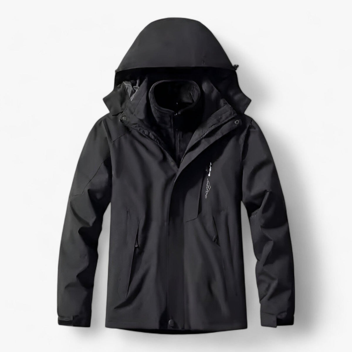 Black hooded waterproof jacket with zippered pockets, shown flat on background | Chaps London