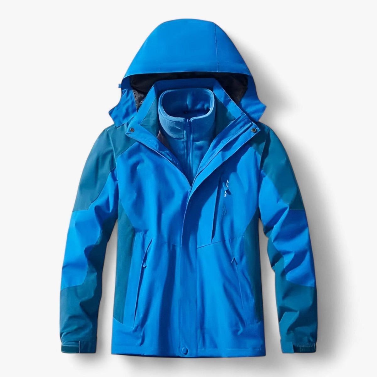 Blue hooded waterproof jacket with zippered pockets, laid flat, front view | Chaps London