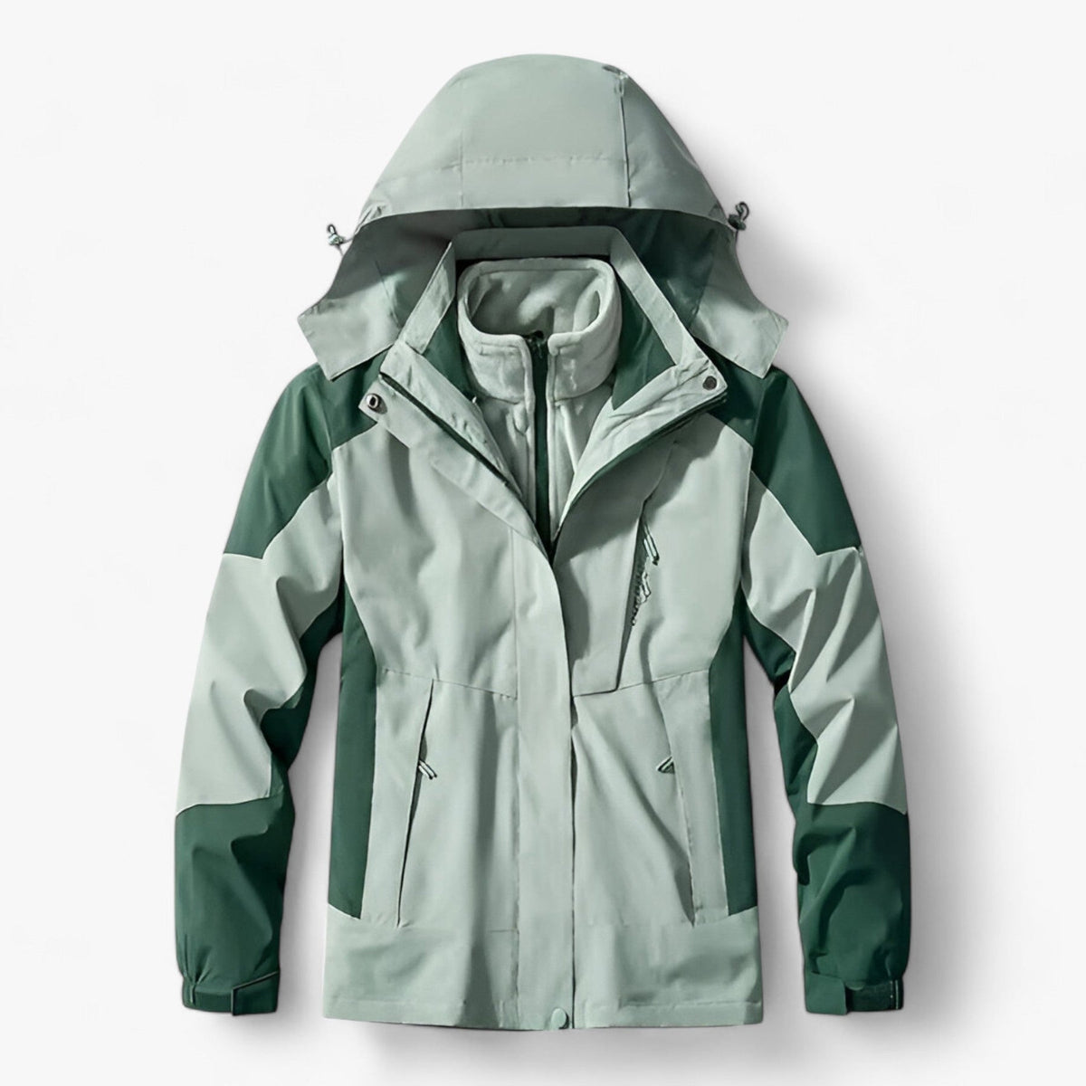 Sage green and dark green hooded waterproof jacket laid flat | Chaps London