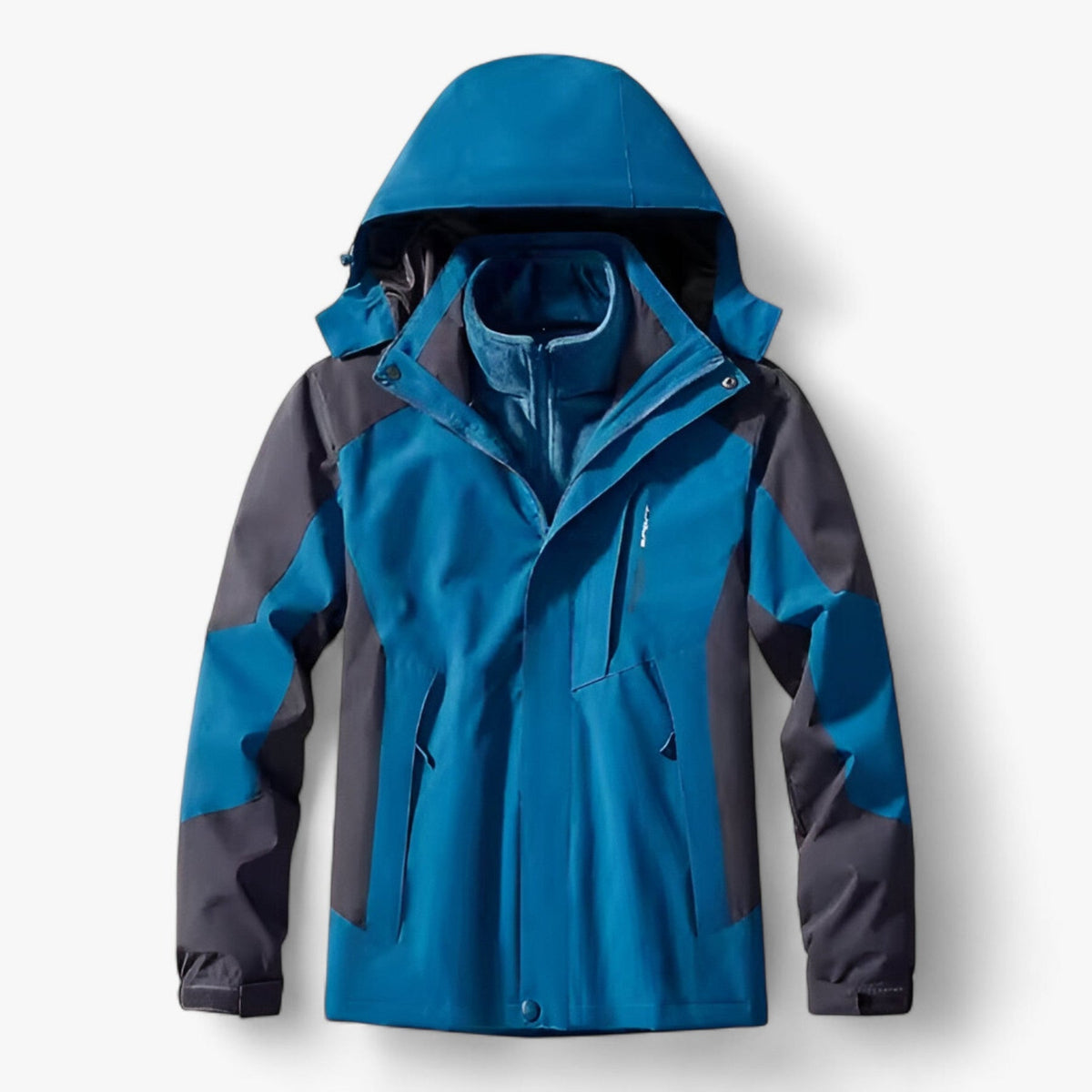 Blue and gray hooded waterproof jacket with fleece lining, shown flat | Chaps London