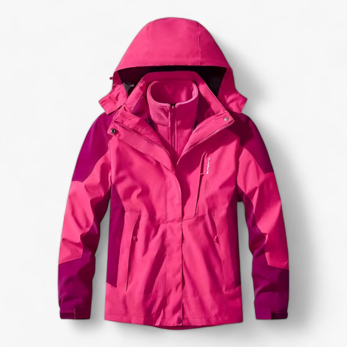 Pink hooded waterproof jacket with inner vest, shown flat, two-tone design | Chaps London