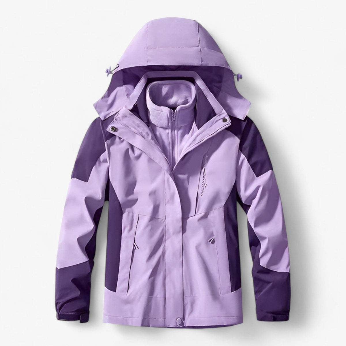 Purple color-block hooded waterproof jacket with fleece lining, shown flat | Chaps London