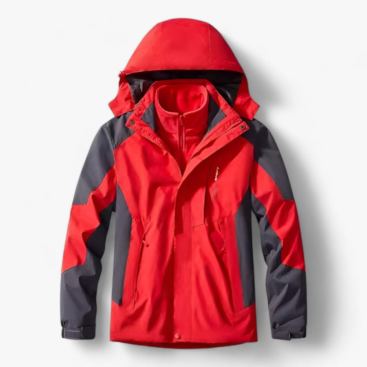 Red and gray hooded waterproof jacket with fleece lining, shown flat | Chaps London