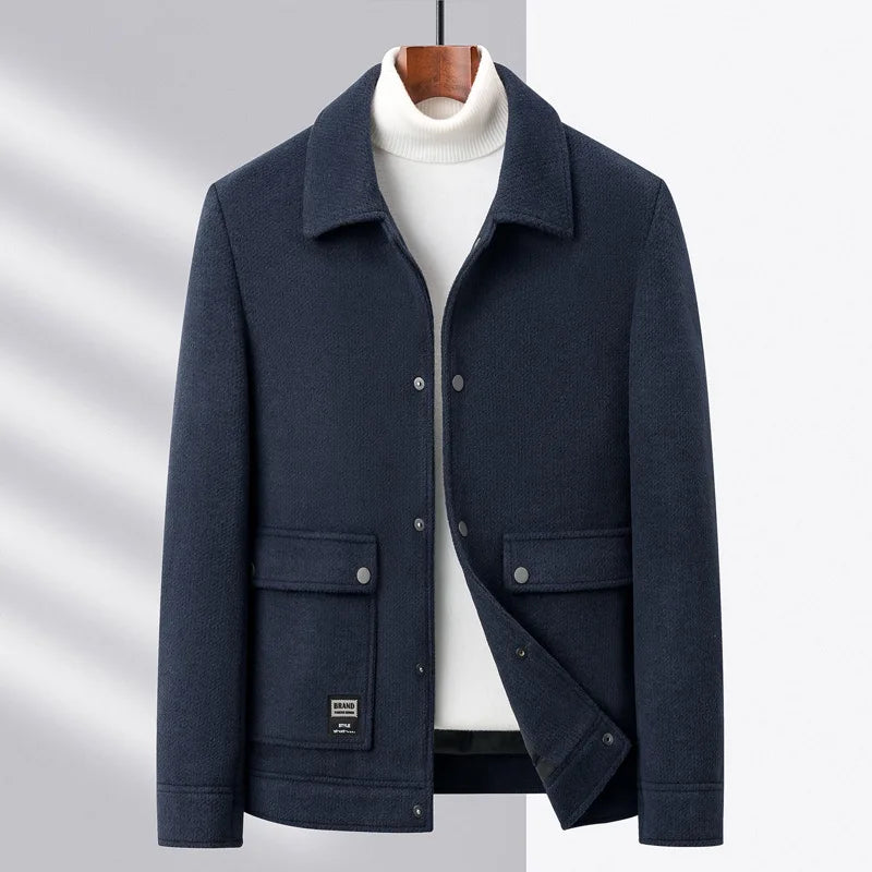 Wool Jacket - Men's Short Button-Up Jacket with Pockets-Chaps London-Blue-M-Chaps London