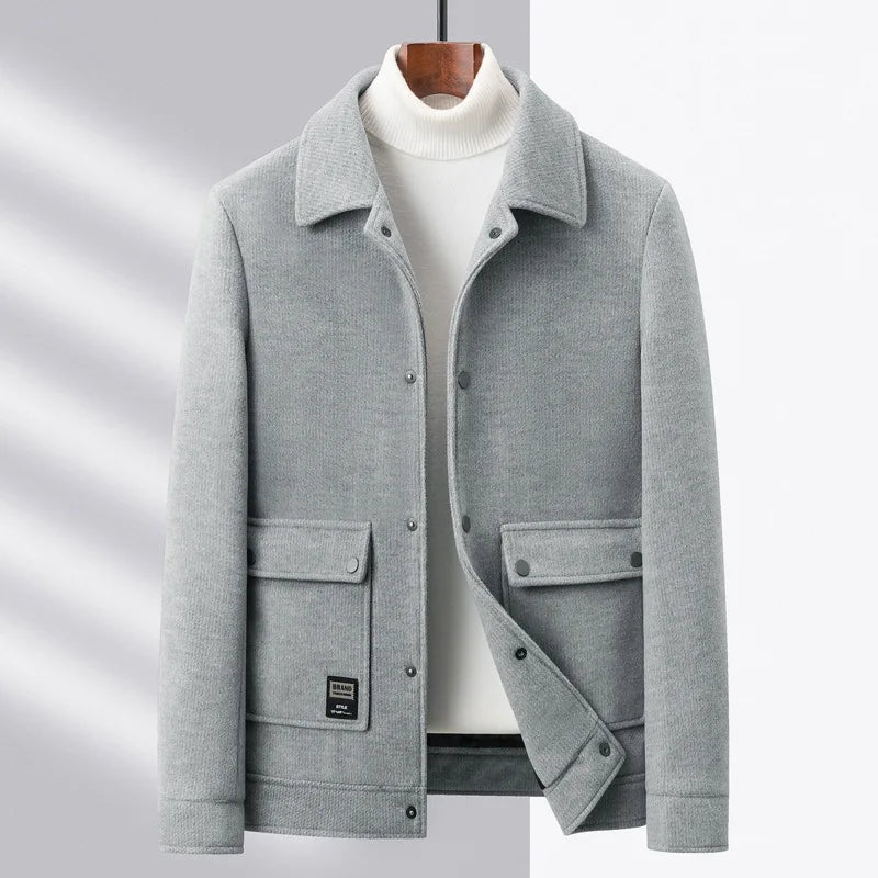 Wool Jacket - Men's Short Button-Up Jacket with Pockets-Chaps London-Gray-M-Chaps London