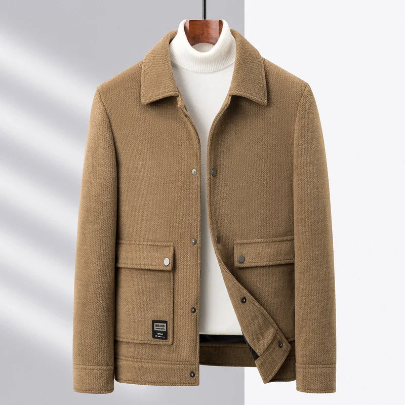 Wool Jacket - Men's Short Button-Up Jacket with Pockets-Chaps London-Khaki-M-Chaps London