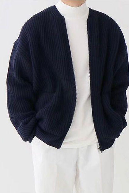Zip Cardigan - Chunky - Rib Knit - Knit Cardigan - Men's Cardigan-Chaps Herrenmode-Dark Blue-XS-Chaps of London