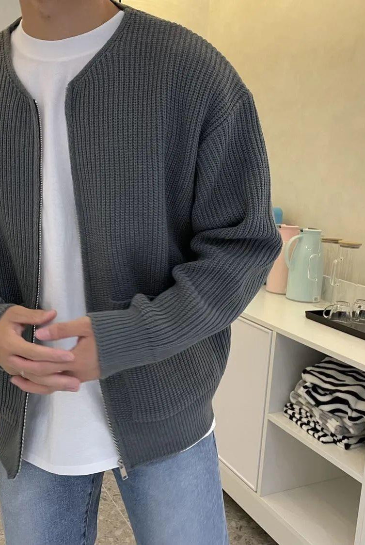 Zip Cardigan - Chunky - Rib Knit - Knit Cardigan - Men's Cardigan-Chaps Herrenmode-Gray-XS-Chaps of London