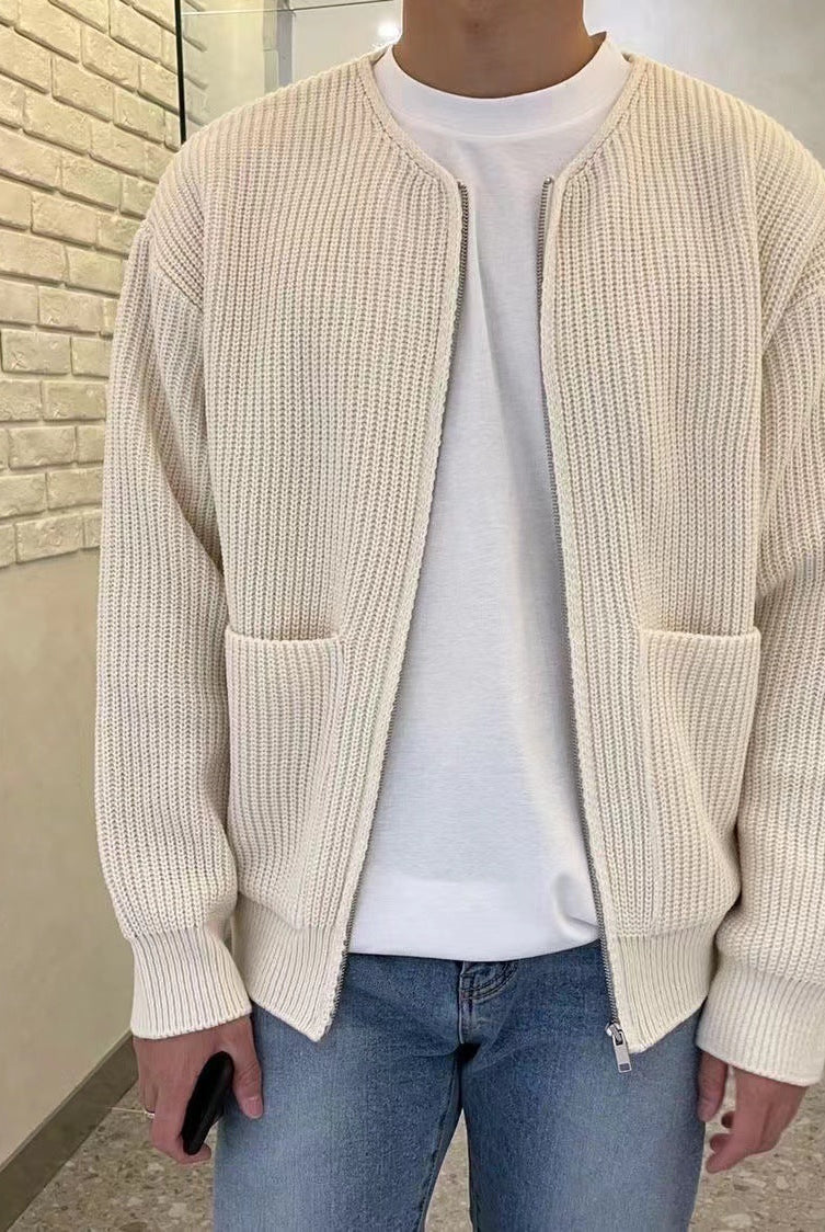 Zip Cardigan - Chunky - Rib Knit - Knit Cardigan - Men's Cardigan-Chaps Herrenmode-Off-White-XS-Chaps of London