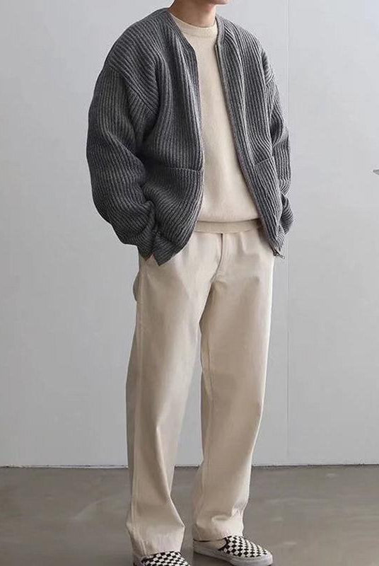 Zip Cardigan - Chunky - Rib Knit - Knit Cardigan - Men's Cardigan-Chaps London-Chaps London