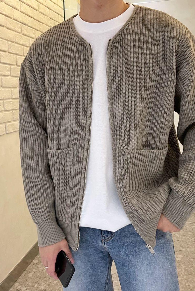 Zip Cardigan - Chunky - Rib Knit - Knit Cardigan - Men's Cardigan-Chaps London-Khaki-XS-Chaps London