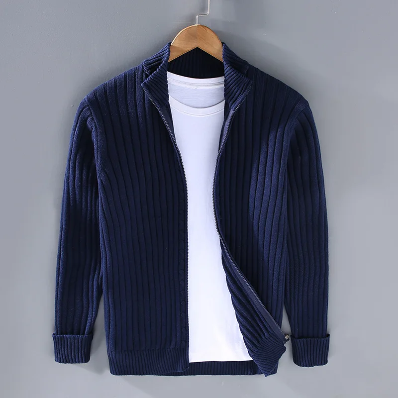 Zip Cardigan - Men's Comfy Long Sleeve Ribbed Knit Cardigan-Cardigan-Chaps London-Blue-M-Chaps London