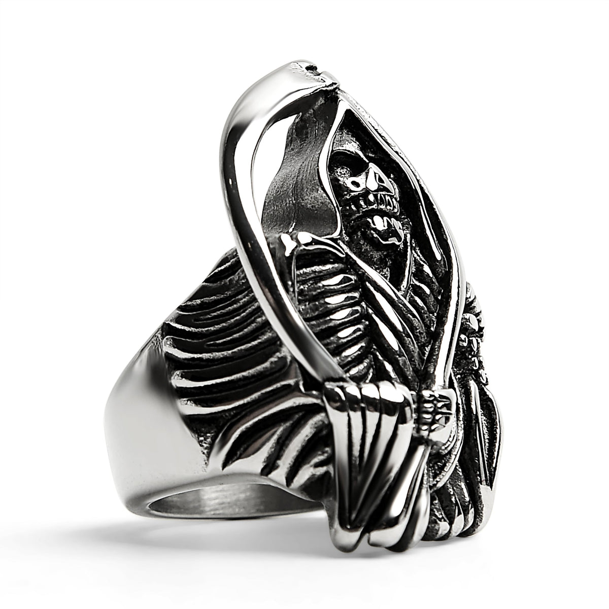 Silver-tone ring featuring detailed grim reaper skeleton design, shown unworn | Chaps London