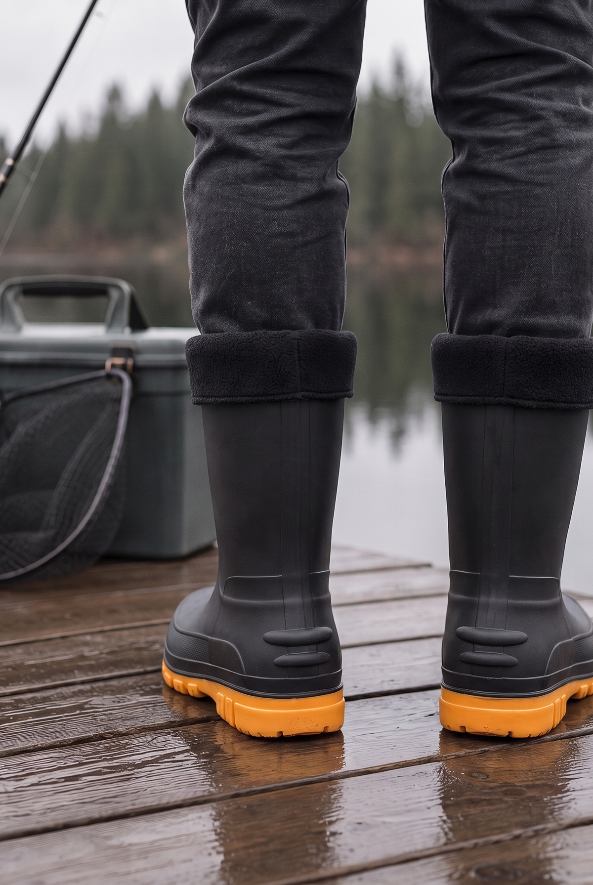 Lifestyle photo of a person standing on a wet wooden dock by a lake wearing black insulated rain boots with fleece cuffs and orange soles, with a fishing rod, landing net and tackle box beside them, back view
