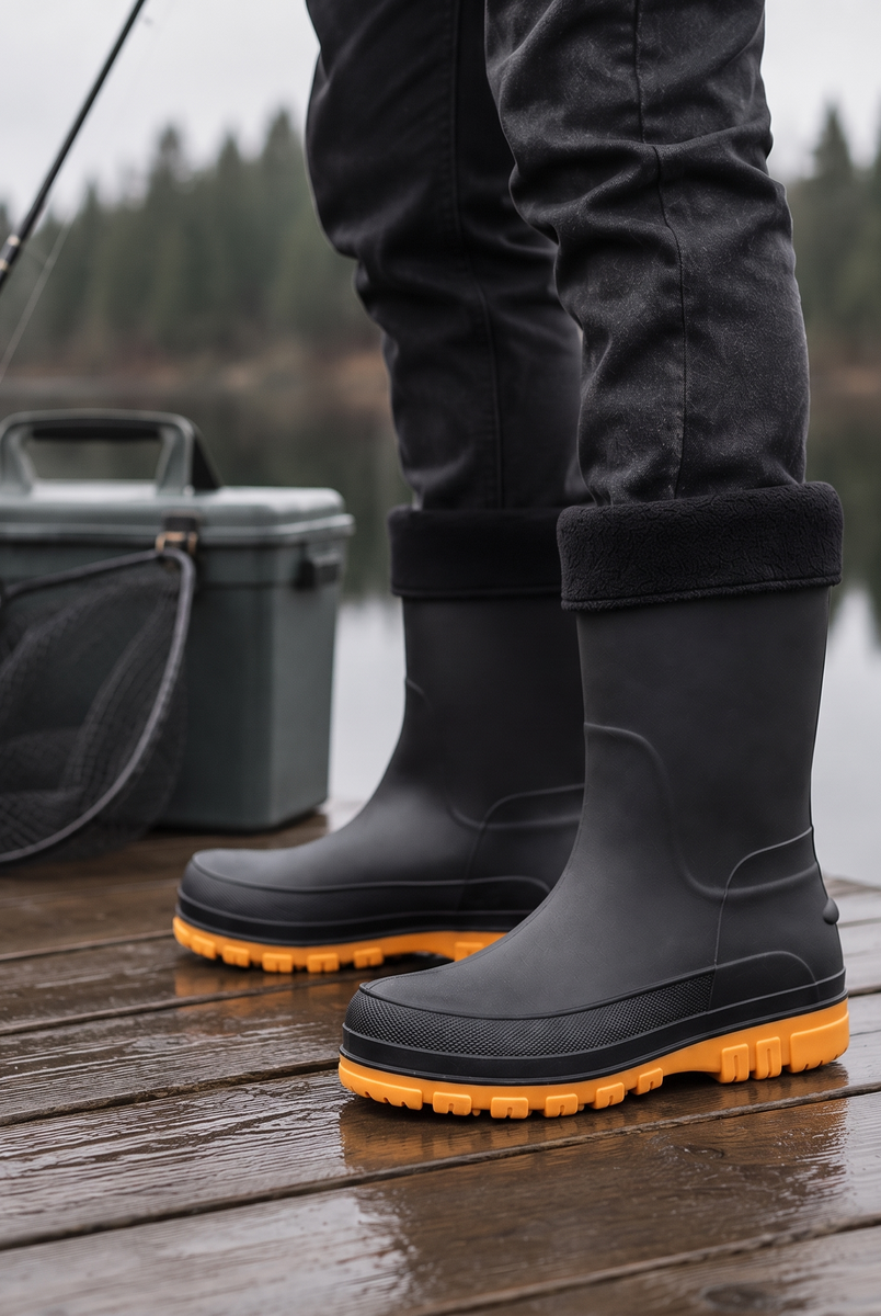Lifestyle photo of a person standing on a wet wooden dock by a lake wearing black insulated rain boots with fleece cuffs and orange soles, with a fishing rod, landing net and tackle box beside them.