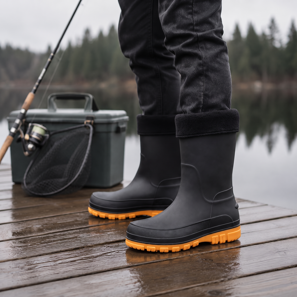 Lifestyle photo of a person standing on a wet wooden dock by a lake wearing black insulated rain boots with fleece cuffs and orange soles, with a fishing rod, landing net and tackle box beside them.