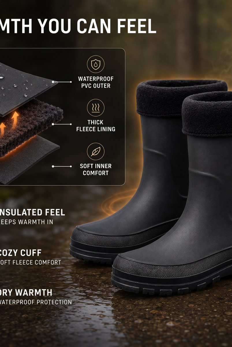 Feature panel infographic for a pair of black PVC rain boots with a black fleece cuff, standing on a wet outdoor surface, with a layered material diagram and feature callouts.