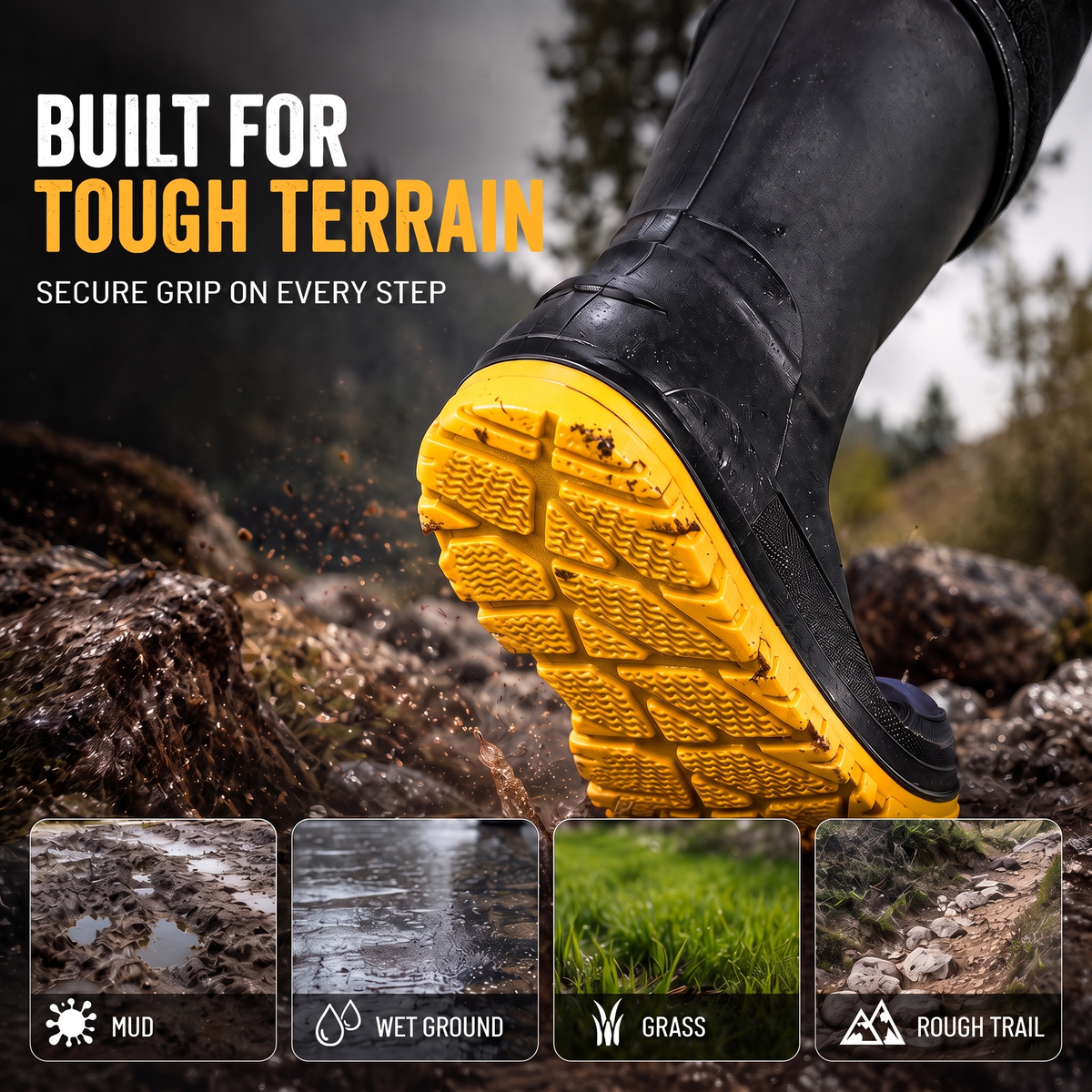 Marketing panel showing a black rain boot with a yellow lugged sole stepping on muddy rocks, with headline text and four terrain tiles labelled mud, wet ground, grass and rough trail.