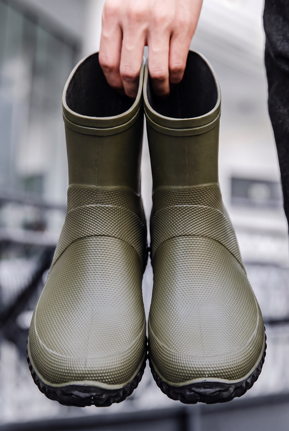 Green rubber ankle boots for men, front view