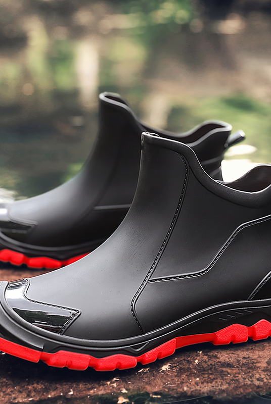 A pair of black ankle boots with red soles sits on a wet stone surface near water.
