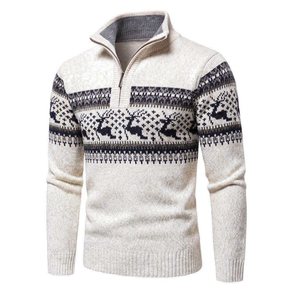 Cream knit half-zip jumper with reindeer Fair Isle pattern and grey inner collar, side view | Chaps London