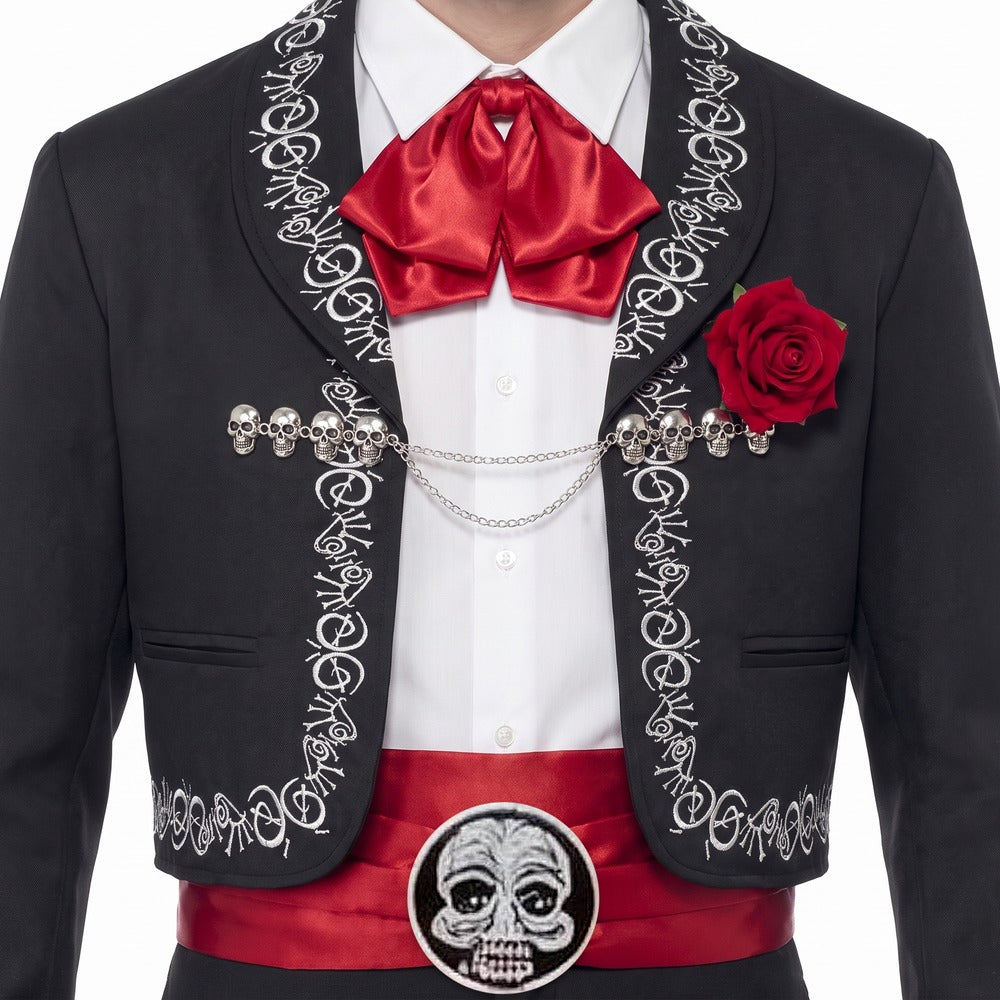 Close-up of black embroidered Day of the Dead jacket with silver skull chain, red rose, red cravat and red sash with skull buckle | Chaps London