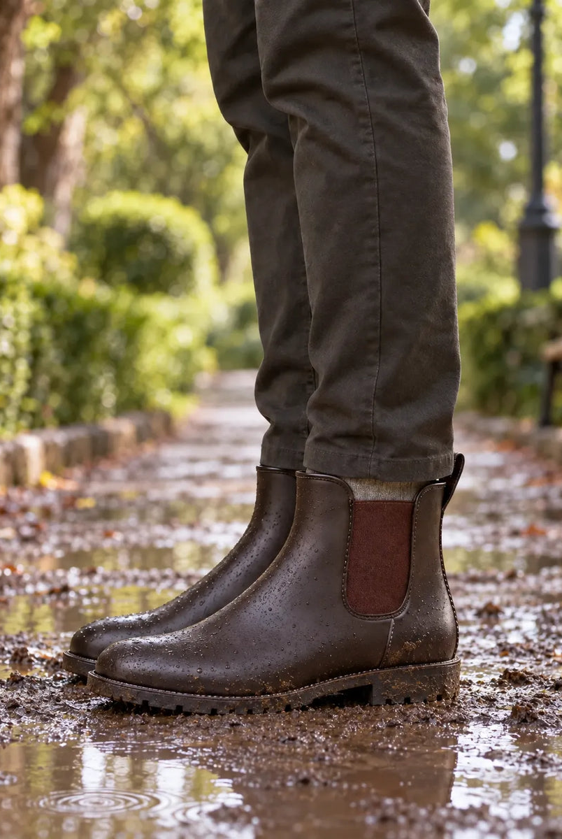 Brown Chelsea wellies on a wet park path with autumn leaves