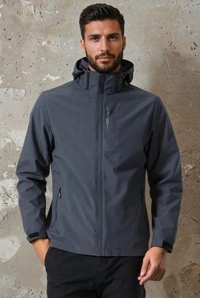 Man wearing dark gray hooded waterproof jacket with zip pockets, front view | Chaps London