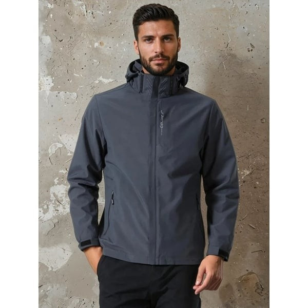 Man wearing dark gray hooded waterproof jacket with zip pockets, front view | Chaps London