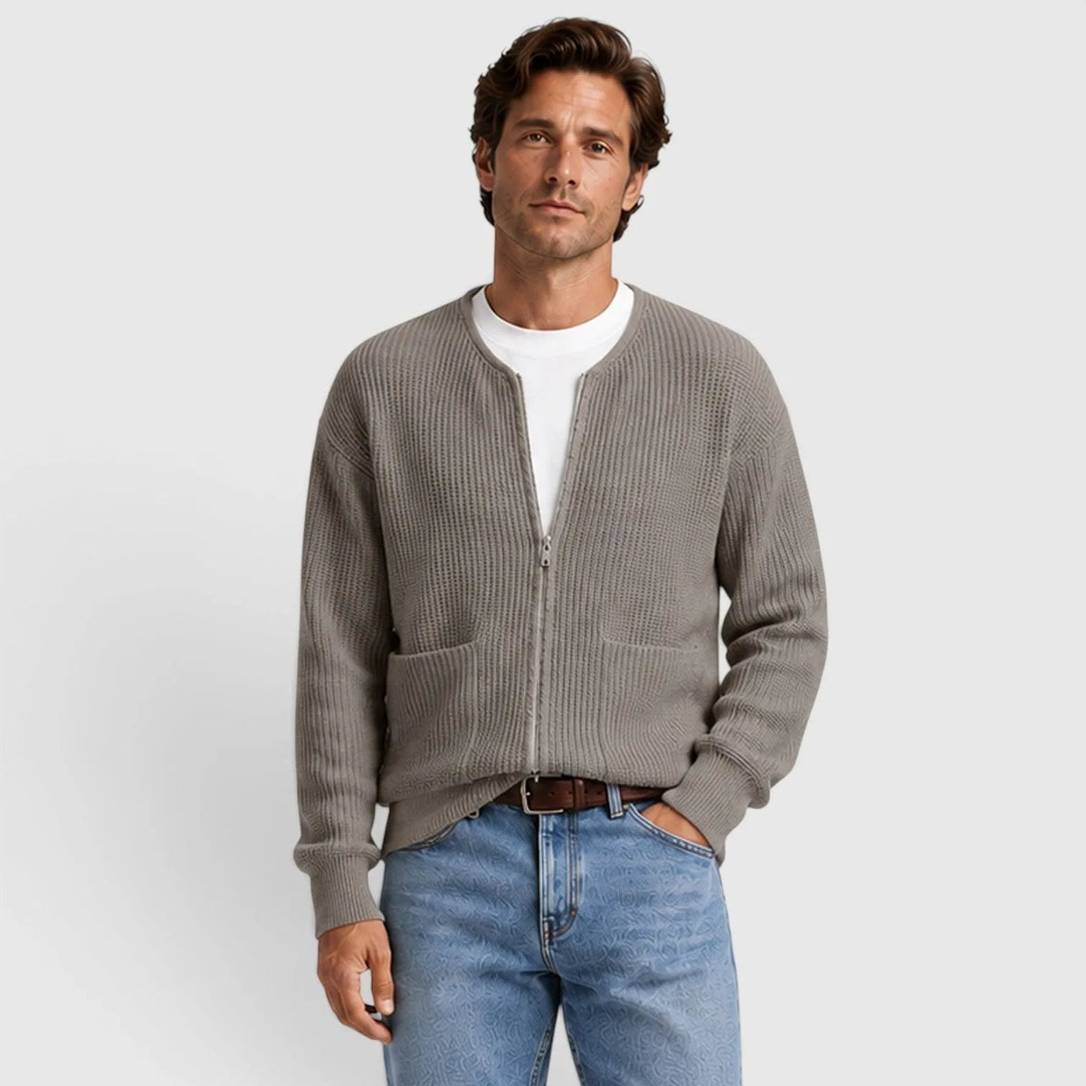 Man wearing gray ribbed knit zip cardigan with white t-shirt and jeans | Chaps London