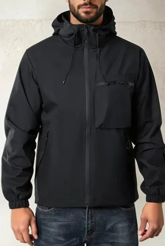 Man wearing black hooded rain jacket with chest and side pockets | Chaps London