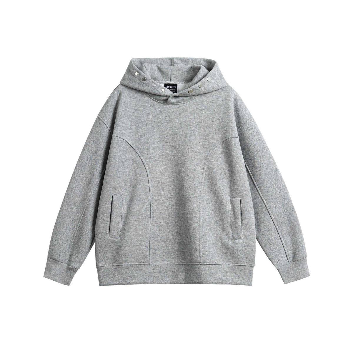 Gray oversized hoodie with snap neck and curved welt pockets, flat lay | Chaps London