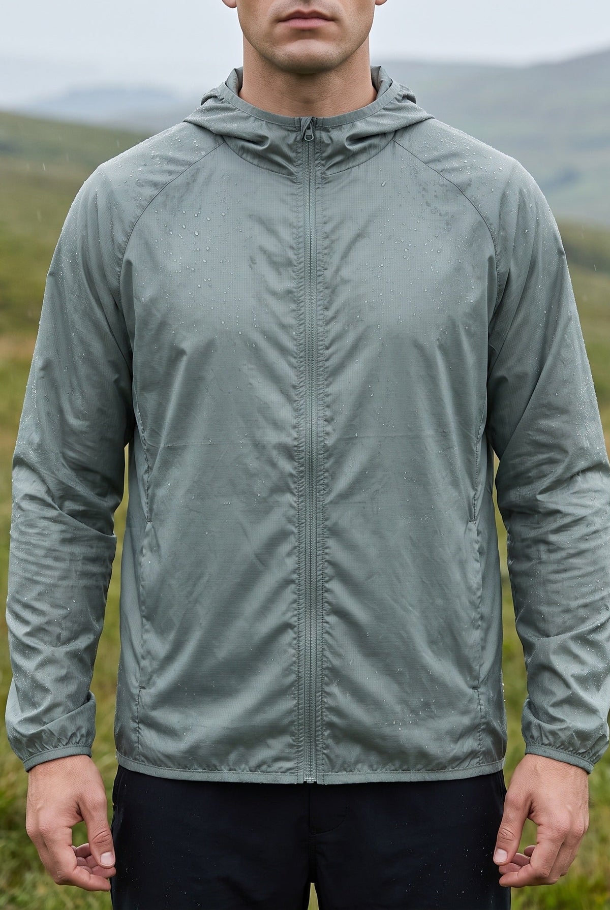 Man wearing sage green hooded windbreaker jacket, standing outdoors in grassy hills | Chaps London