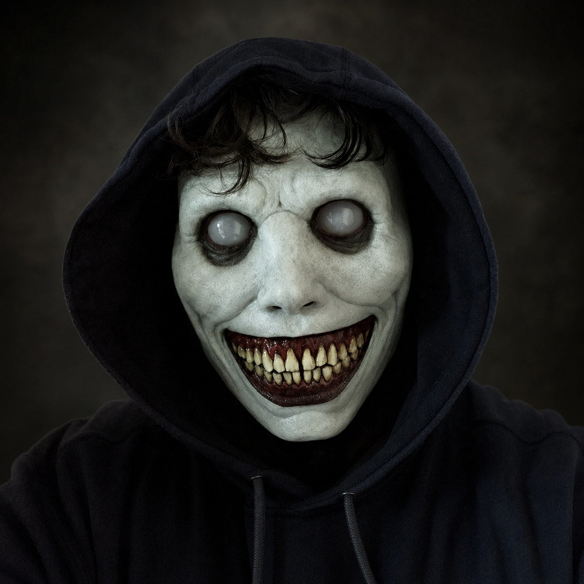 White demon mask with hollow eyes and grinning teeth, worn by person | Chaps London