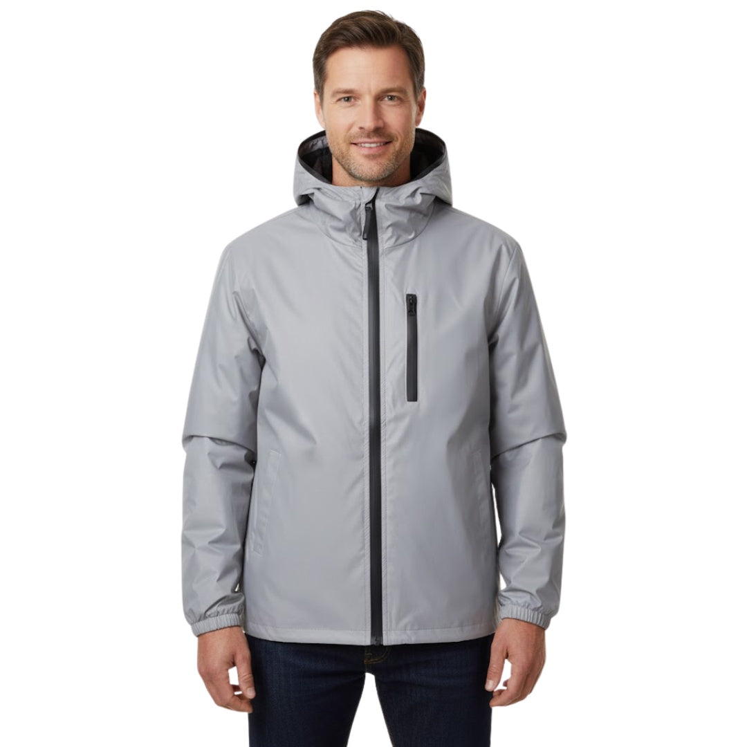 Man wearing gray hooded rain jacket with black zipper, front view | Chaps London